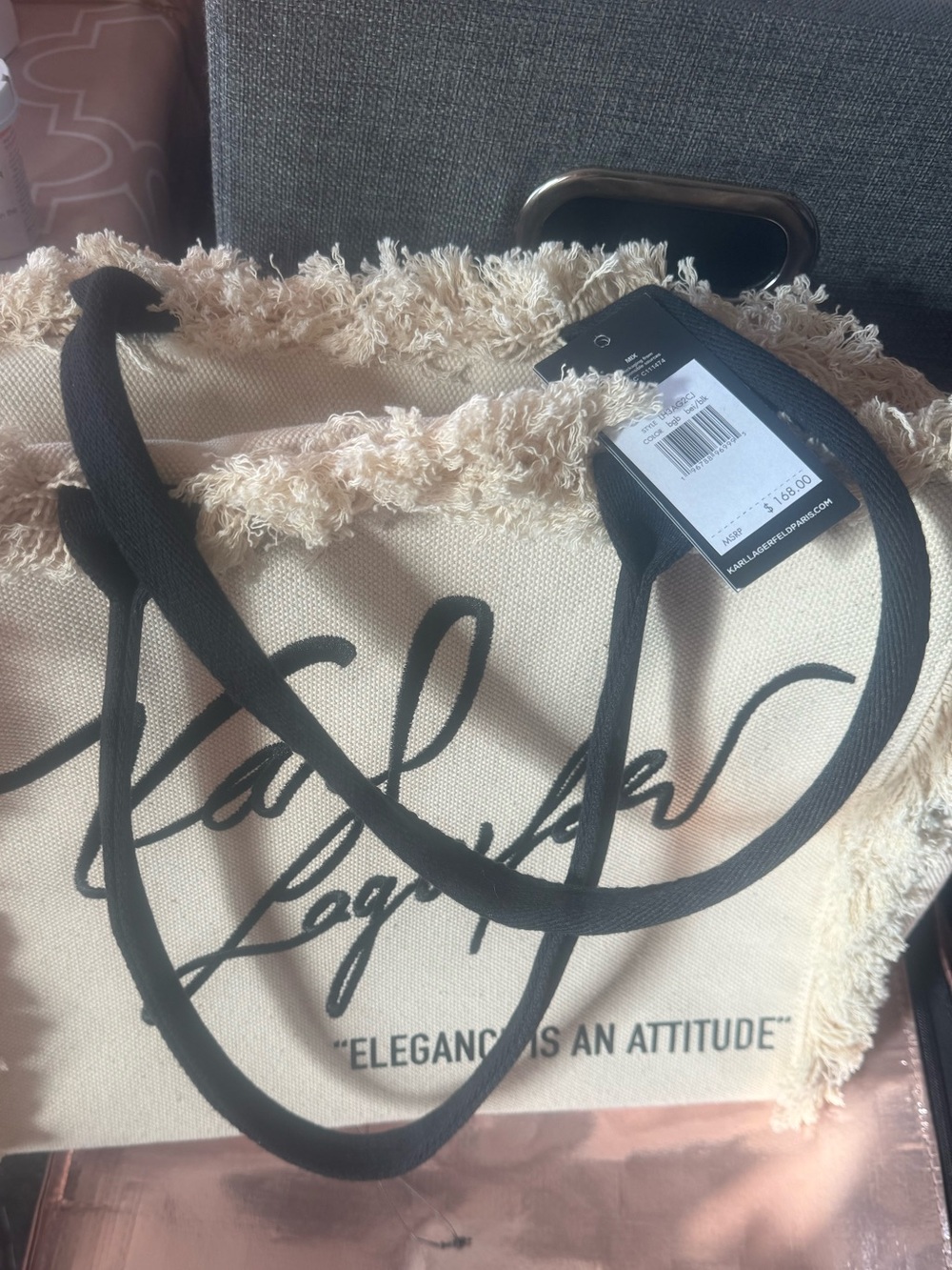 Karl Lagerfeld Cream Canvas Tote with Black Handles and Fringe